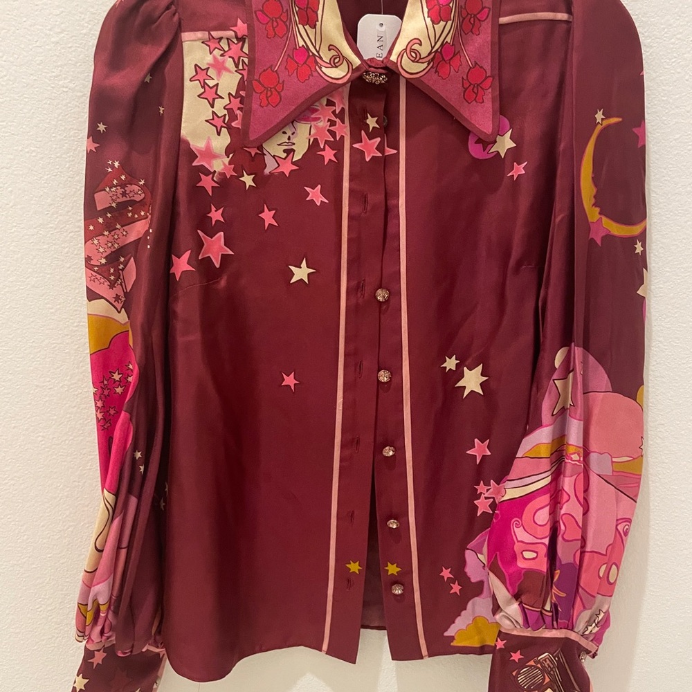 Maroon and Pink Star Print Blouse with jewel buttons Zimmerman 1
